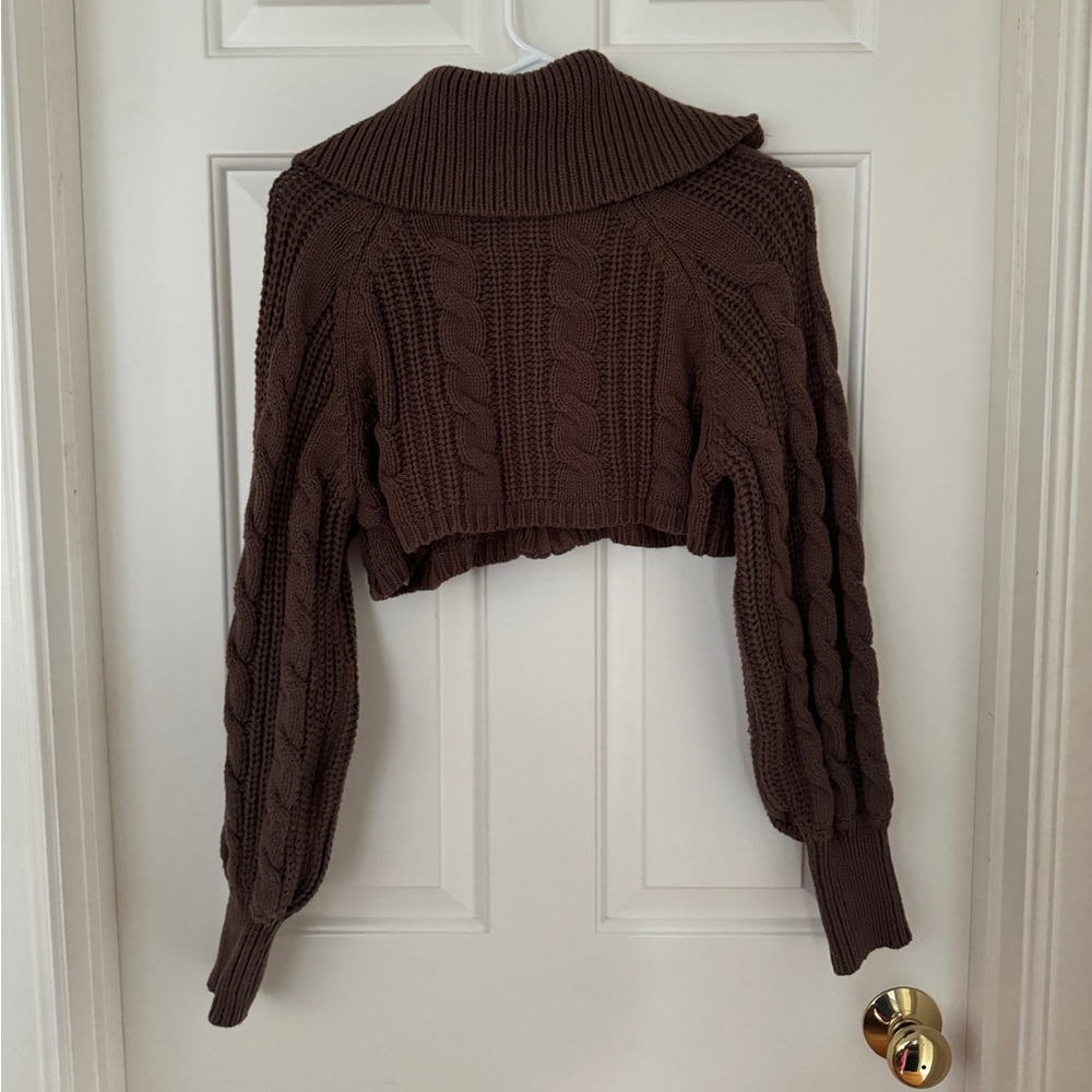 Grey Bandit Brown Cable Knit Cropped Zip Up Cardigan - Picture 7 of 7